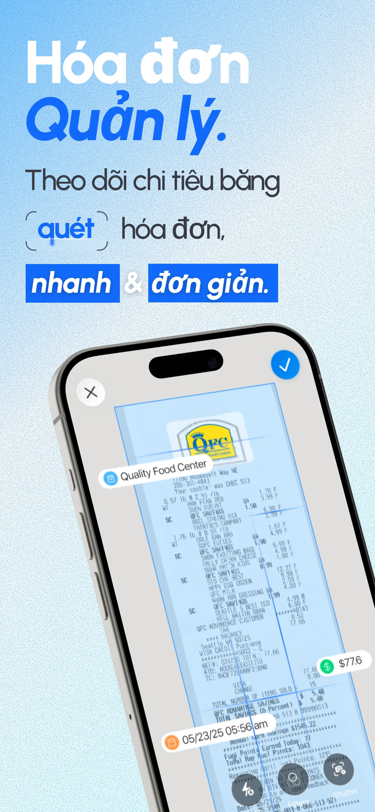 Chế độ xem máy quét hóa đơn bên trong ReceiptGenie