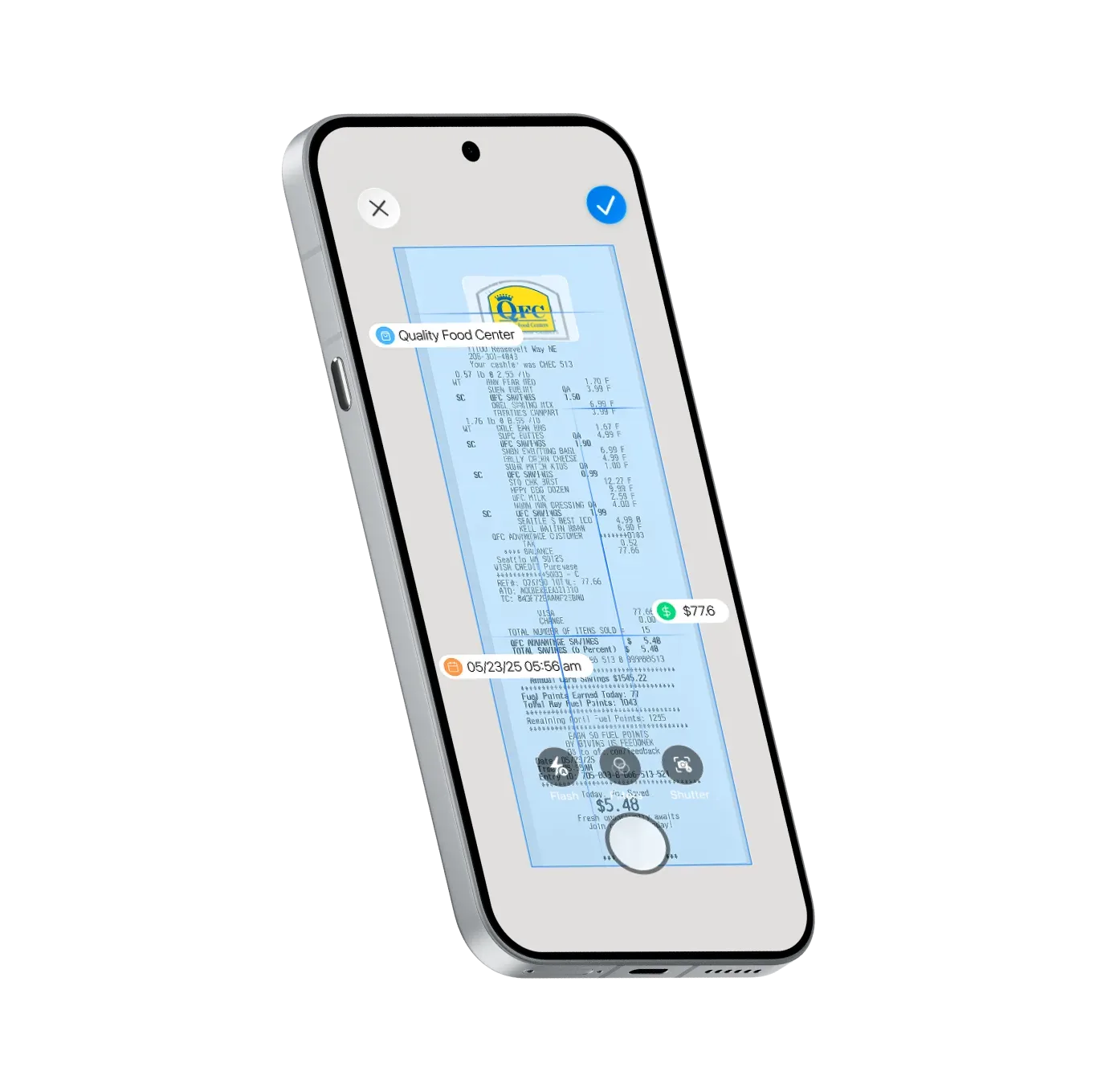 An Android phone scanning a paper receipt with ReceiptGenie