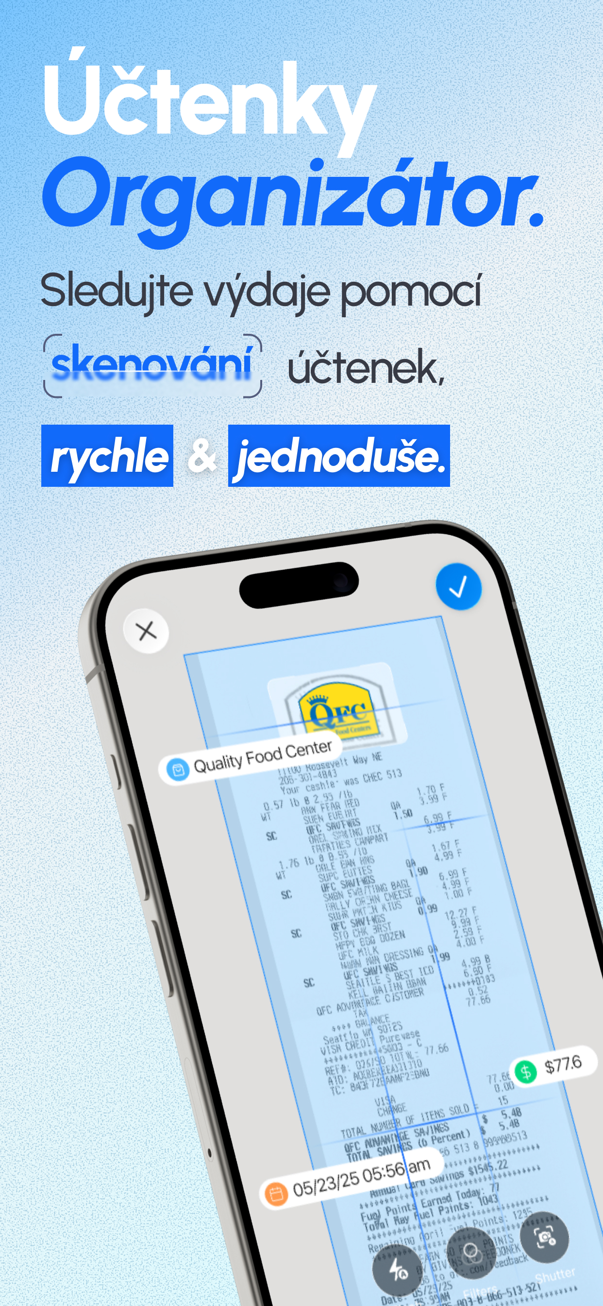Rozhraní organizéru účtenek ReceiptGenie na iPhonu